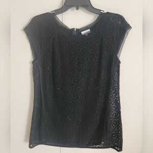 Pixley black see through lace top w back zipper short sleeves fitted